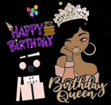 a birthday queen with a crown on her head and balloons .