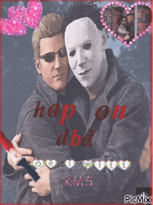 a couple of men hugging each other with the words hop on dbd written on the bottom