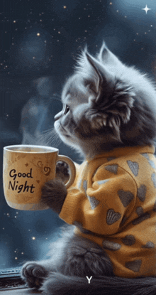 a cat in a yellow shirt is holding a cup that says good night