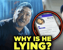 a picture of a man next to a phone with the words " why is he lying "