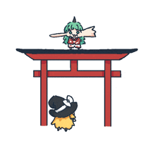 a cartoon drawing of a little girl standing on top of a red torii gate with the word dieh written on the bottom