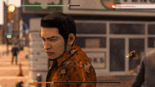 a screenshot of a video game shows a man standing in front of a building with the words defeat the rk members