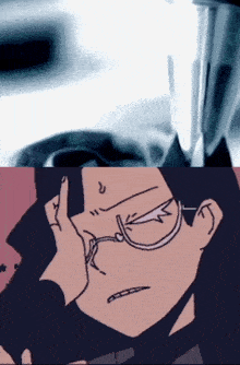 a close up of a person 's face and a drawing of a person with glasses