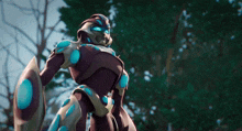 a purple robot with blue eyes is standing in front of a forest