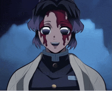 a girl with blood on her face is smiling in a cartoon