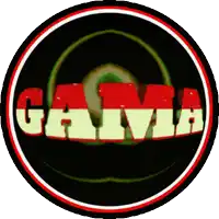 a black circle with the word gama in red and white