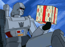 a robot is holding a christmas present with trees on it