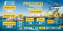 a poster for prediksi sydney pools shows a picture of sydney harbor