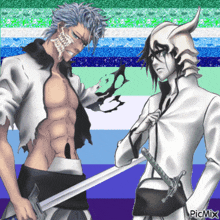 two anime characters are standing next to each other and one has a sword and the other has a helmet on