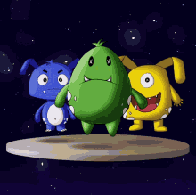 three cartoon characters with x 's on their faces are standing on a circle
