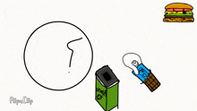 a drawing of a person holding a banana and a trash can