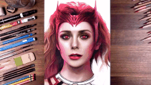 a drawing of a woman with red eyes is on a wooden table