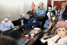 a group of people are sitting around a table with laptops and a man in a military uniform with the word army on his uniform