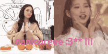a woman sitting at a table with a drawing of a bicycle behind her and the words nanicaree : 3 *** !!!