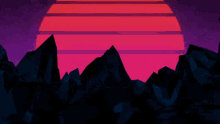 a cartoon illustration of a mountain range with a red sun behind it