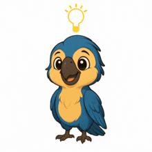 a blue and yellow parrot with a light bulb above it