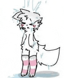 a drawing of a white furry animal wearing pink and white striped socks and crying .