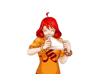 a pixel art drawing of a girl with red hair and a shirt that says ' n ' on it