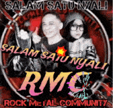 a man and a woman are standing next to each other with the words salam satu nyali rock metal community below them