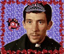 a man wearing a tiara is surrounded by hearts