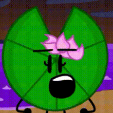 a green leaf with a pink flower on it 's head and arms .