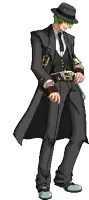 a pixel art drawing of a man in a black suit and hat