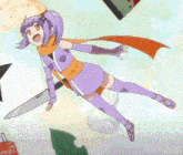 a girl in a purple dress is flying through the air while holding a knife .