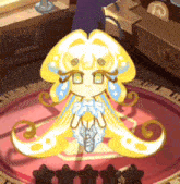 a cartoon character is sitting on a red carpet in a room surrounded by stars .