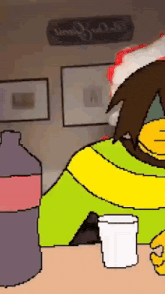 a pixel art of a person sitting at a table with a bottle of soda and a cup of milk .