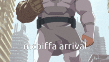 a cartoon drawing of a man with the words mcbiffa arrival written below him