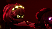 two cartoon characters are standing next to each other in the dark