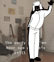 a black and white drawing of a person standing in a living room waving .