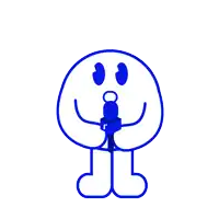 a blue cartoon character with a smiley face is holding a microphone in his hand