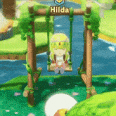 a cartoon character is sitting on a swing with the name hilda above her