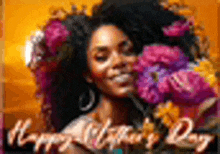 a woman with a bunch of flowers in her hair is smiling .