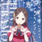 a girl in a santa outfit is holding a gingerbread man in front of a sign that says " uramio "