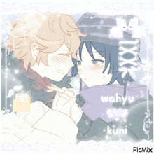 a drawing of two anime characters with wahyu kuni written on the bottom