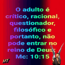 a man with wings is praying in front of a red and blue background with a quote from the bible