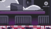 a pixel art of a building with a speaker on top of it and a purple background .