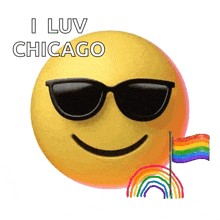 a smiley face with sunglasses and the words i luv chicago