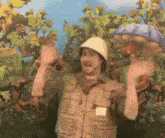 a man in a safari outfit is standing in front of a cartoon background
