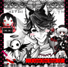 a black and white drawing of a boy with a cat ear and the words i love emo boyz < 3