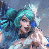 a girl with green hair and blue eyes is wearing a crown and a blue flower in her hair .
