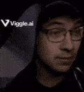 a close up of a man wearing glasses and a black shirt with the words viggle.ai in the background .