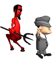 a cartoon of a devil holding a trident and a man in a suit