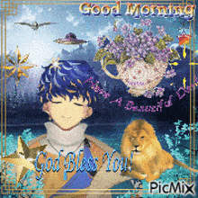 a picture of a boy and a lion says good morning
