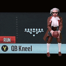 a man is holding a football in front of a sign that says run