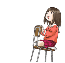 a girl in a red shirt is sitting on a chair