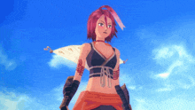 a girl with red hair is standing in front of a cloudy sky