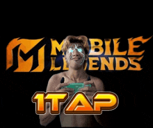 a shirtless man holding a cell phone in front of a mobile legends logo